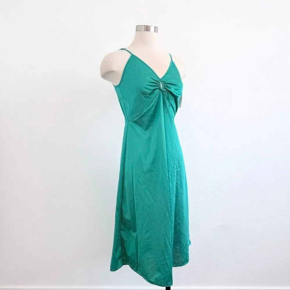 Hers Satin Teal Dress Nightgown Slip Keyhole Bow Small Deadstock Vintage